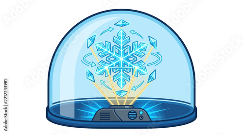 Holographic Snowflake Projection Display with Glowing Crystals and Orbiting Arrows