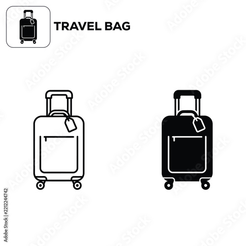 Travel bag icon set featuring suitcase with luggage tag in line art and solid black silhouette styles