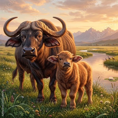 Adult and baby buffalo standing in a grassy savanna at sunset