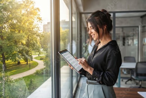 Businesswoman using tablet near large windows with green outdoor view