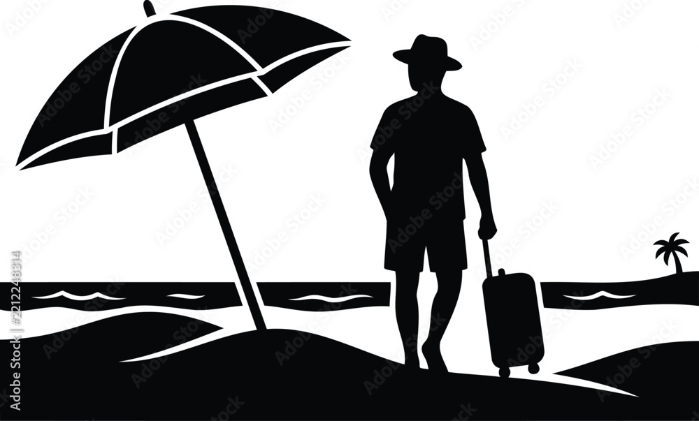 Fototapeta premium Silhouette of a man with a suitcase and umbrella on a beach with a palm tree luggage travel