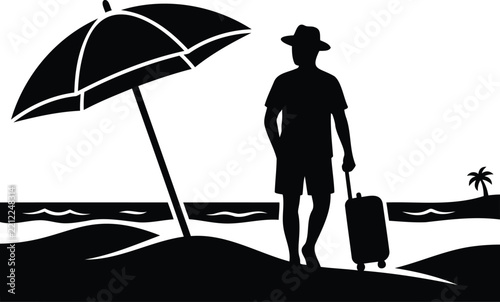 Silhouette of a man with a suitcase and umbrella on a beach with a palm tree luggage travel