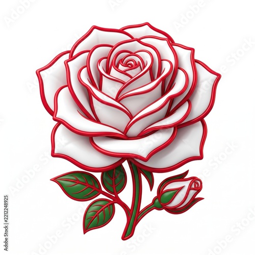 White rose with red outline detailed vector illustration