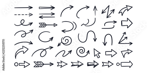 Collection of hand drawn black doodle arrows featuring curved, straight, spiral, and cursor pointer directional symbols