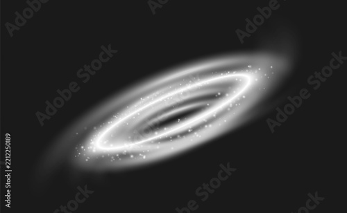 Glowing white energy rings with sparkling particles and luminous trails on dark background.