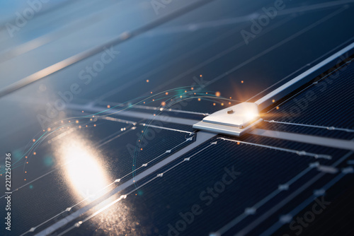 Solar panel array field reflecting bright golden sunlight on energy network