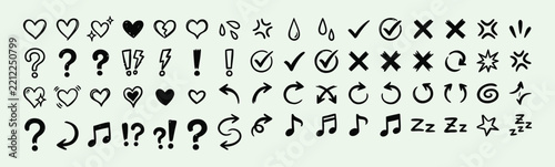 Hand drawn doodle icon set featuring hearts arrows check marks exclamation points music notes and comic emotion symbols