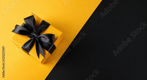 Elegant yellow gift box with a large black ribbon placed on a bold yellow and black background, with generous copy space for Black Friday, retail promotions, shopping and seasonal advertising.