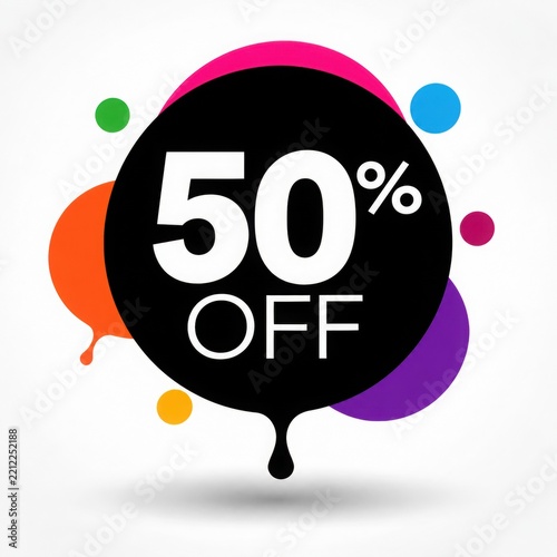 Bold 50 percent off promotional design featuring large white typography on a black circular shape with colorful abstract elements, ideal for retail advertising, discounts, shopping and sales campaigns