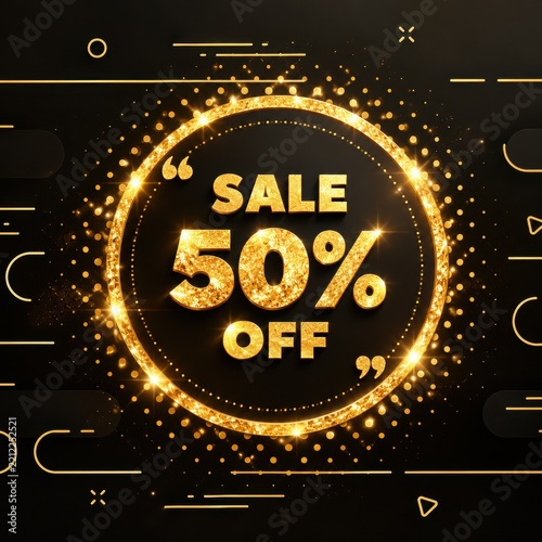 Luxury SALE 50% OFF graphic with sparkling gold typography, glowing circular frame and black background, designed for premium retail promotions, ecommerce campaigns, advertising and social media.