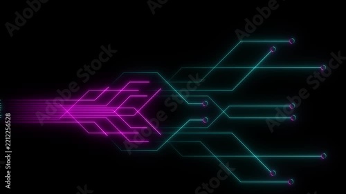 Futuristic purple Digital circuit chipset board processor pattern. purple circuit board shiny technology motion design. purple lines illuminate a black background, electronic circuit