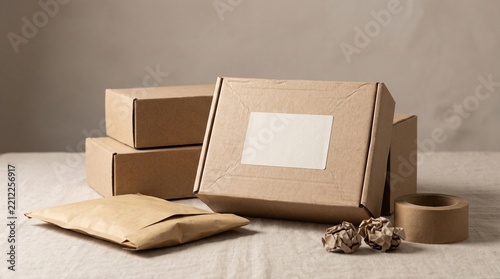 Cardboard mailing boxes and paper envelopes arranged on linen surface provide sustainable shipping and ecommerce packaging solutions.