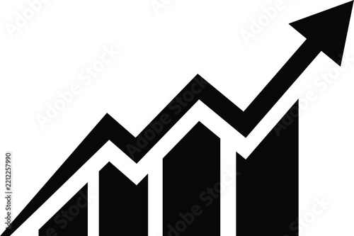 Business growth chart with rising bars and upward arrow symbol representing financial success, increasing profits, market growth, and business development