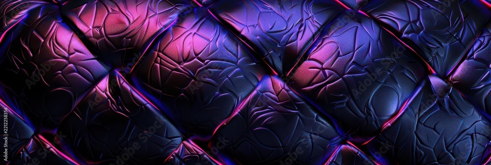 Fototapeta premium Dark quilted leather pattern background with purple and pink neon highlights for black friday banner and website hero