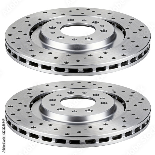 [Transparent Background PNG]Pair of Drilled Vented Brake Rotors For Vehicle Braking Systems