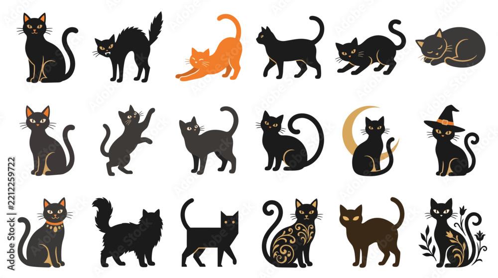 Obraz premium Black Cat Vector Illustration Set Featuring Various Poses Like Sitting Stretching and Sleeping Plus Halloween Icons with Witch Hat and Moon Isolated on White