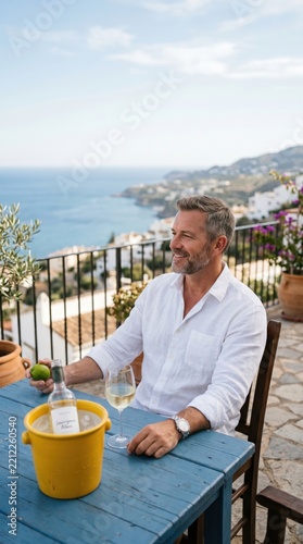 Man drinking white wine at blue table with yellow ice bucket on Amalfi coast terrace overlooking sea and white buildings.