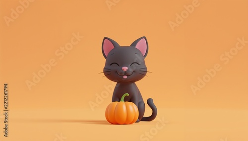 Cute Black Cat Sitting Next to a Small Orange Pumpkin on Soft Peach Background