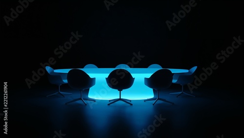 Modern conference room with illuminated table and chairs in dark setting