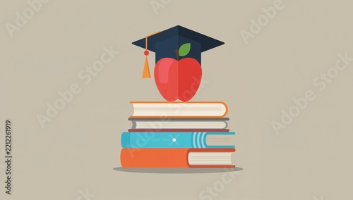 Educational Concept Illustration with Apple and Graduation Cap on Stack of Books