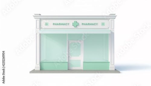 Small Modern Pharmacy Storefront with Glass Doors and Signage
