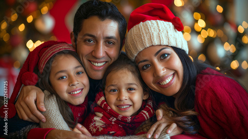 A happy cheerful Latino family smile together for Christmas holiday, sharing warmth and festive embrace in front of a decorated tree with warm lights.