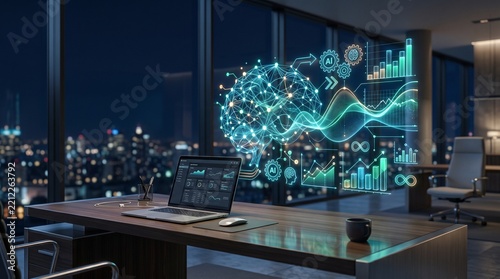 Digital brain and data analytics floating over laptop in night office
