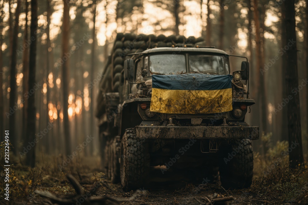 Fototapeta premium Military multiple rocket launcher with ukrainian flag parked in a forest at sunset