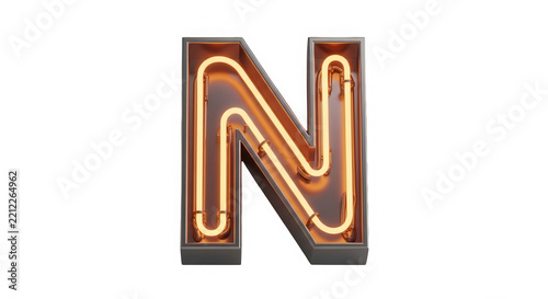 Letter N neon sign glowing with orange light isolated on transparent background
