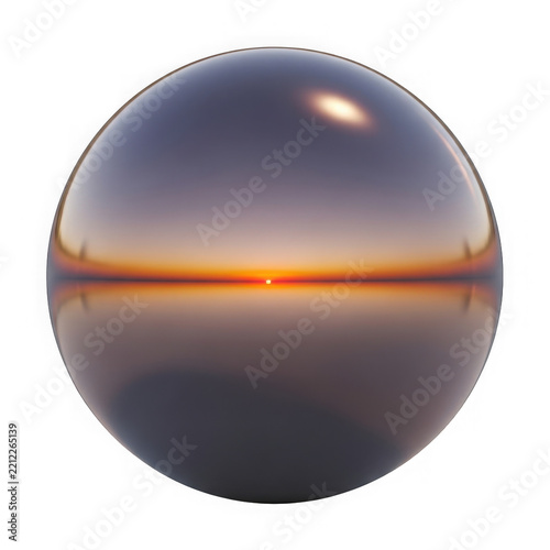 Shiny chrome sphere reflecting a bright sunset horizon isolated on transparent background