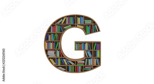 Letter G shaped bookshelf filled with colorful books isolated on transparent background