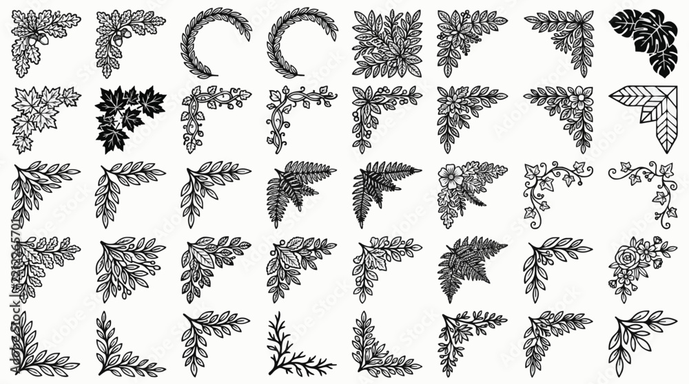 Fototapeta premium Collection of decorative floral and leaf corner border designs with corner borders floral page decorations dividers