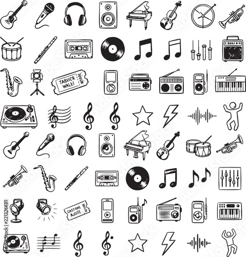 Set of musical instruments and audio equipment doodles including musical notes and studio icons.
