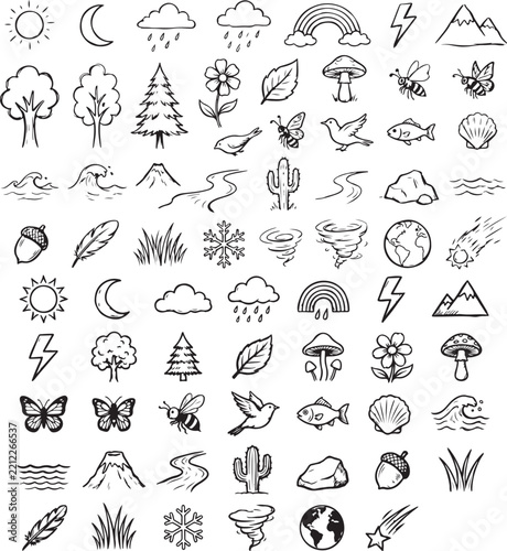 Nature doodles vector, hand-drawn sun, moon, clouds, rainbow, lightning, mountains, trees, flowers, leaves.