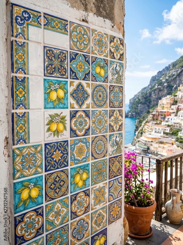 ceramic tiles with lemon and floral patterns on curved wall overlooking Amalfi coast sea and cliffs.