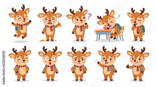 Set of adorable baby reindeer mascot showing various expressions and school activities for children