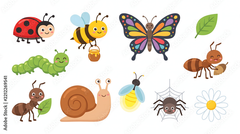 Obraz premium Set of adorable cartoon garden insects and bugs featuring smiling butterfly bee and ladybug