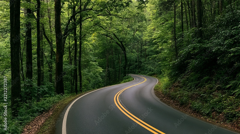 Naklejka premium Winding asphalt road curving through lush forest, symbolizing journey, exploration, and the tranquil beauty of nature’s path