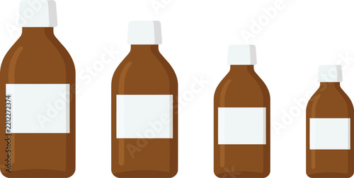 Medical brown glass bottles for liquid medication in graduated sizes with white caps.