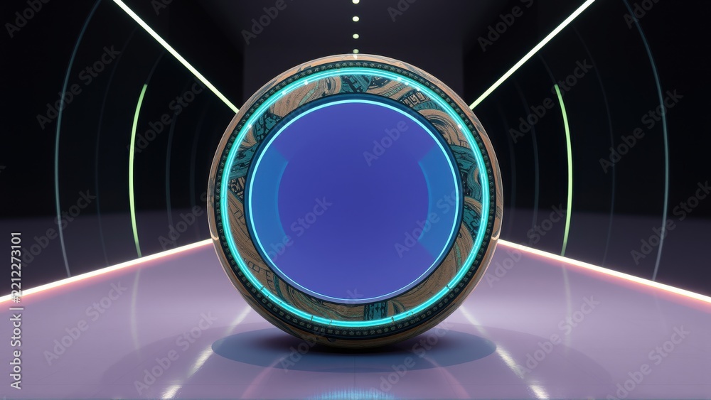 Fototapeta premium Futuristic circular device glows brightly. Dark background emphasizes neon lights, creating dramatic visual effect. Minimalist design.