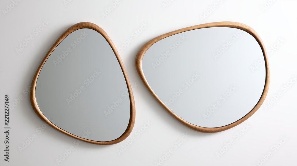 Obraz premium Two abstract wooden framed mirrors, stylishly arranged on a white surface, evoke modern interior design concepts