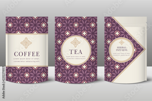Luxury product packaging design set with ornate geometric pattern label templates for coffee, tea, and herbal infusion boxes
