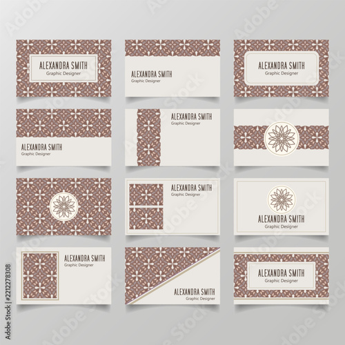 Luxury business card templates set with ornate geometric pattern and elegant brown and gold arabic motif