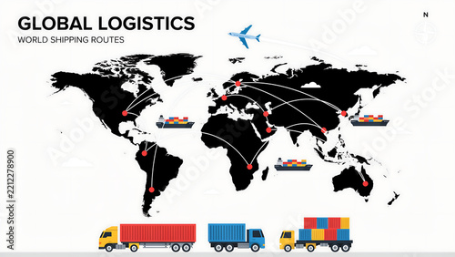 Global logistics map with shipping routes, cargo ships, airplanes, and trucks, illustrating international trade and supply chain networks