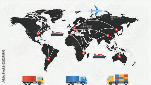 Map with connecting lines, cargo ships, airplanes, and trucks, representing global logistics, international trade, and shipping
