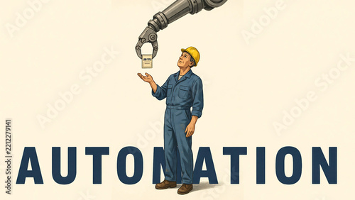 A mechanical robotic arm holding a small sign labeled job title above a worker in blue overalls, with the word automation written in large letters