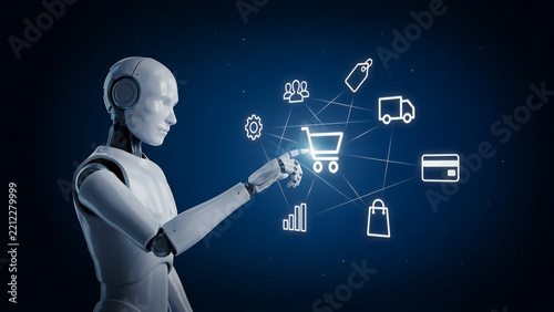 A white humanoid robot pointing at a glowing digital interface featuring shopping cart, credit card, and delivery on a dark blue background
