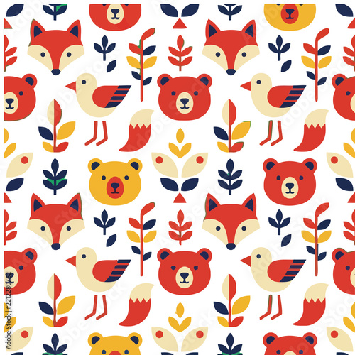 Seamless pattern with stylized forest animals and foliage