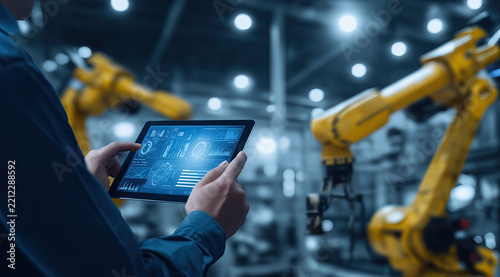 An industrial operator uses a digital tablet monitoring yellow robotic machinery within the modern manufacturing plant.