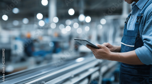 Male operator holding digital tablet checks production data along automated assembly line inside modern manufacturing plant.